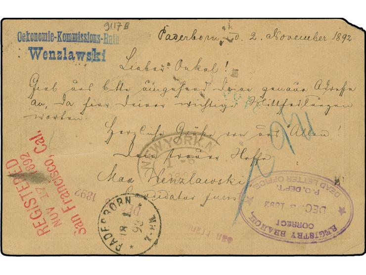 20 Pfg. blau auf Ganzsachenkarte 10 Pfg. als R-Karte von "PADERBORN 2.11.92" via New York mit Transit-R-Zettel nach San Frans