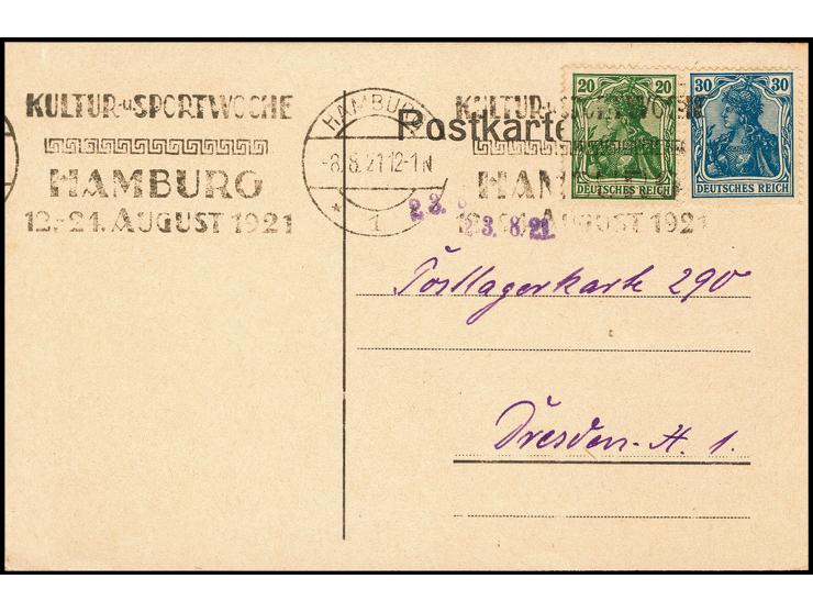 30 Pfg. blau und 20 Pfg. dunkelgrün als portogerechte Frankatur auf Postkarte mit vorausbezahlter Postlagergebühr von "HAMBUR