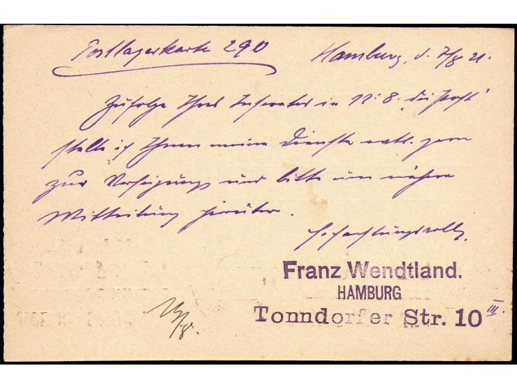 30 Pfg. blau und 20 Pfg. dunkelgrün als portogerechte Frankatur auf Postkarte mit vorausbezahlter Postlagergebühr von "HAMBUR