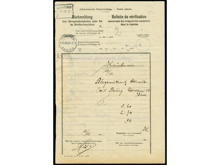 30 Pfg. im senkrechten 3er-Streifen mit Stempel "KRAUCHENWIES 17.12.21" rückseitig auf einem Formular "Rückmeldung über Unreg