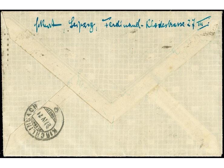 60 Pfg. im Plattendruck-Oberrandpaar (Feld 2 und 3) als portogereche Mehrfachfrankatur auf Brief von "LEIPZIG 25.4.21" nach K