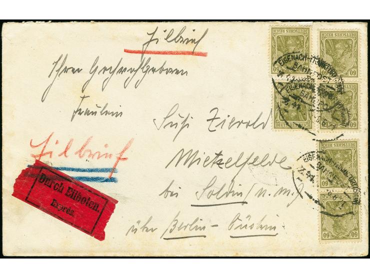 60 Pfg., zwei senkrechte Paare und zwei Einzelmarken mit Bahnpost-Stempel "EISENACH-FRANKFURT (MAIN) 6.6.21 als portogerechte