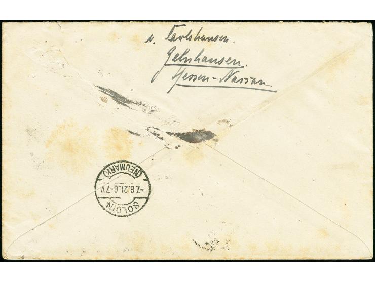 60 Pfg., zwei senkrechte Paare und zwei Einzelmarken mit Bahnpost-Stempel "EISENACH-FRANKFURT (MAIN) 6.6.21 als portogerechte