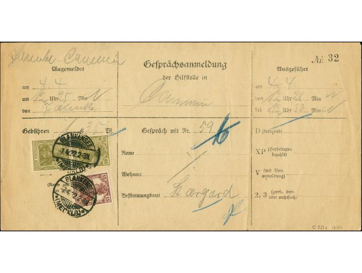 60 Pfg. im senkrechten Paar und 15 Pfg. braunrot mit Stempel "BLANKENSEE 7.4.22" als Gebühr für eine Gesprächsanmeldung bei e