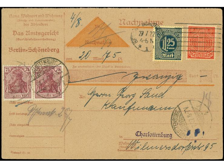 75 Pfg. im waagerechten Paar mit Stempel "CHARLOTTENBURG 28.7.22" als Gebühr für das Verlangen des Empfängers auf "wiederholt