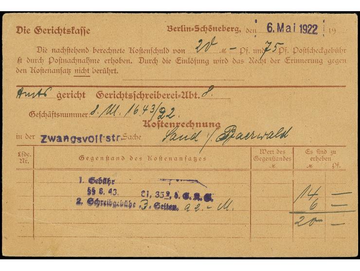 75 Pfg. im waagerechten Paar mit Stempel "CHARLOTTENBURG 28.7.22" als Gebühr für das Verlangen des Empfängers auf "wiederholt