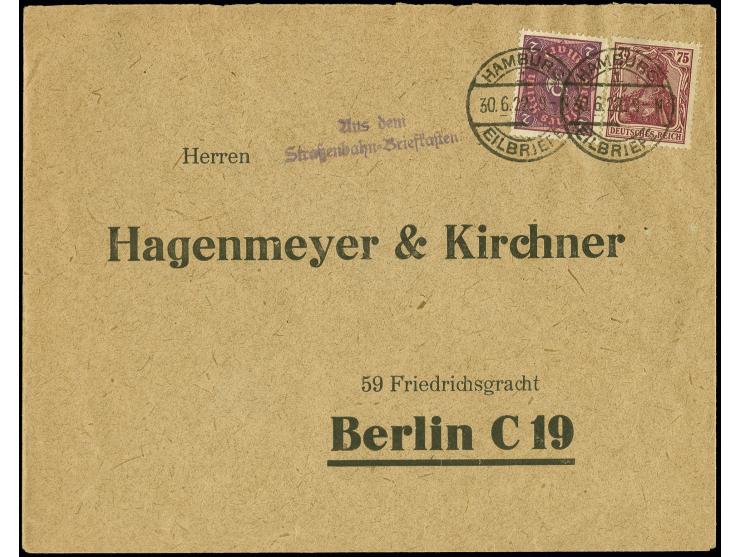 75 Pfg. und Ziffer 2 M. mit Stempel "HAMBURG-EILBRIEFE 30.6.22" als portogerechte Frankatur auf Vordruckbrief mit violettem L