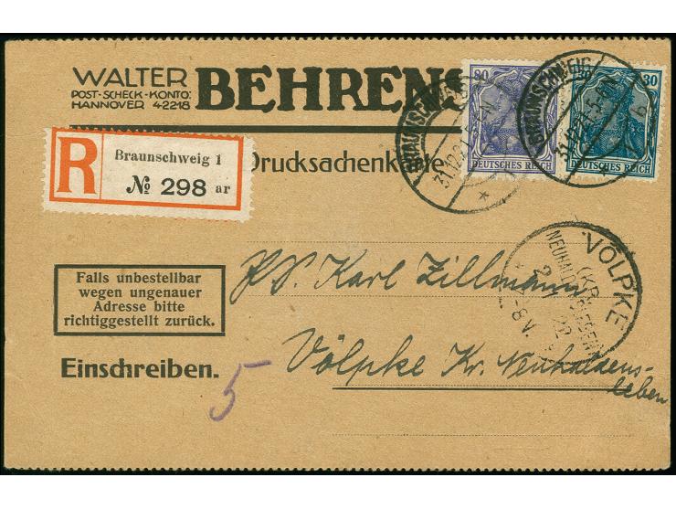 80 Pfg. und 30 Pfg. als portogerechte Frankatur auf R-Drucksachenkarte von "BRAUNSCHWEIG 31.12.21" nach Völpke mit vorderseit