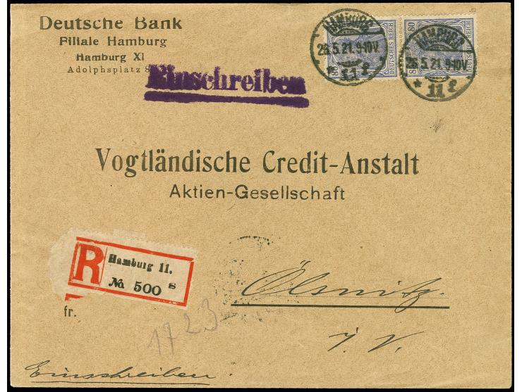 80 Pfg. grauultramarin im senkrechten Paar als portogerechte Frankatur auf R-Brief von "HAMBURG 26.5.21" nach Ölsnitz mit Ank