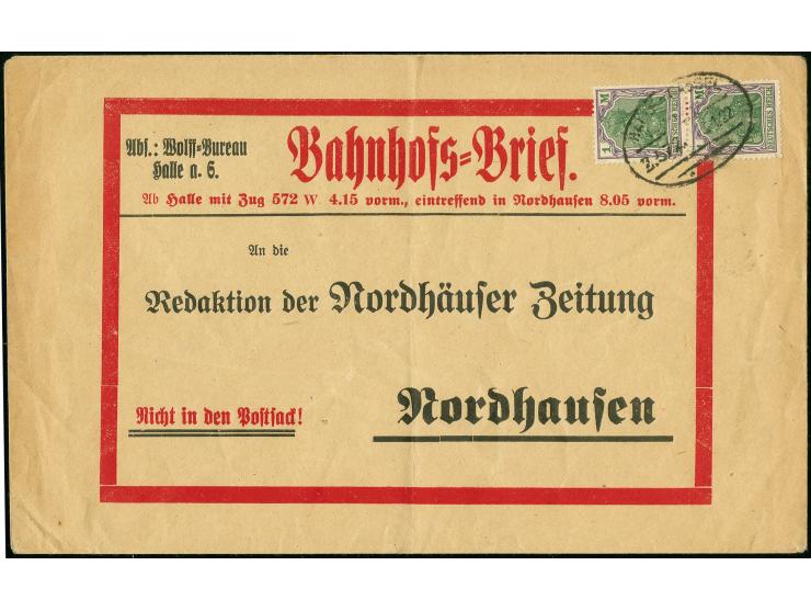 1 M., senkrechtes Paar mit Bahnpost-Stempel "HALLE-CASSEL 13.1.22" als portogerechte Mehrfachfrankatur auf BAHNHOFSBRIEF-Vord