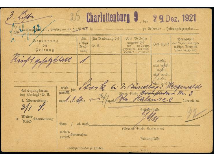 1 M., zwei Einzelwerte als portogerechte Mehrfachfrankatur auf Zeitungsüberweisung für eine Zeitung von "CHARLOTTENBURG 29.12