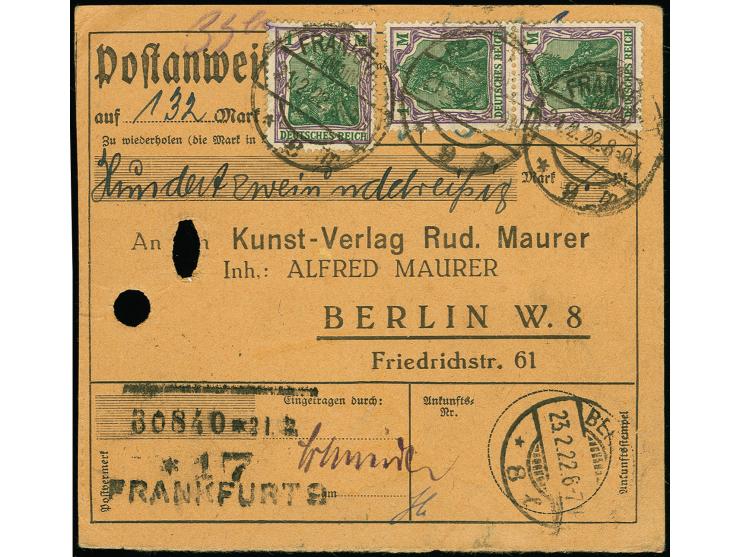 1 M., senkrechtes Paar und Einzelwert als portogereche Mehrfachfrankatur auf Postanweisung von "FRANKFURT 23.2.22" nach Berli