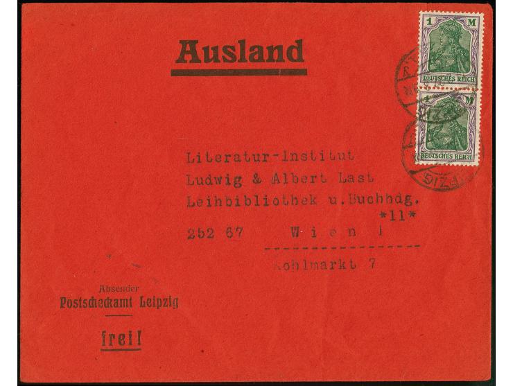 1 M., senkrechtes Paar mit Stempel "LEIPZIG PSCH.A. 14.2.22" als portogerechte Mehrfachfrankatur auf rotem Postscheckbrief na