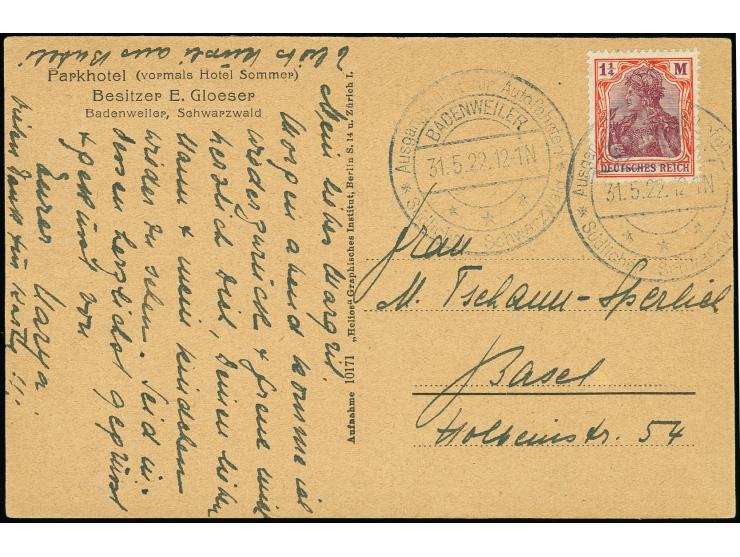 1 1/4 M. als portogerechte Einzelfrankatur auf Postkarte im Grenzrayon von "BADENWEILER 31.5.22" nach Basel in einwandfreier 