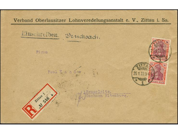1 1/4 M., senkrechtes Paar als portogerechte Mehrfachfrankatur auf R-Drucksachenumschlag bis 50 g. von "ZITTAU 26.1.22" nach 