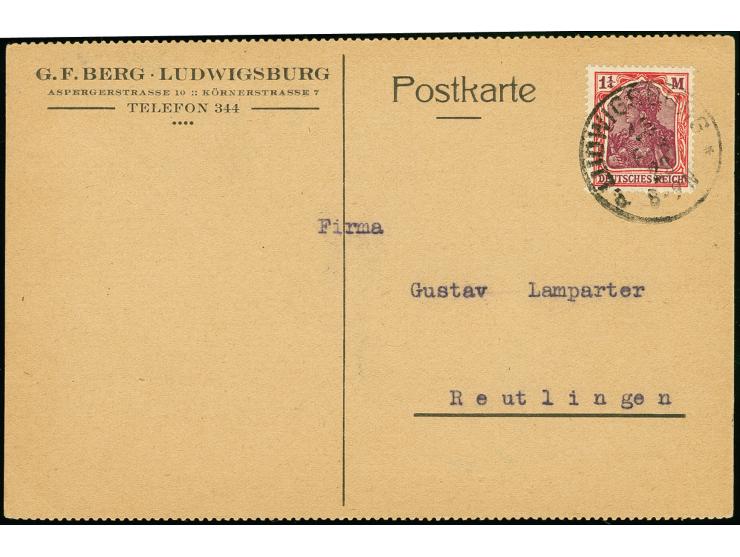 1 1/4 M. karminrot/dunkelkarminlila als portogerechte Einzelfrankatur auf Postkarte von "LUDWIGSBURG 15.FEB.22" nach Reutling