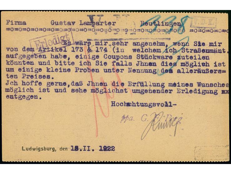 1 1/4 M. karminrot/dunkelkarminlila als portogerechte Einzelfrankatur auf Postkarte von "LUDWIGSBURG 15.FEB.22" nach Reutling