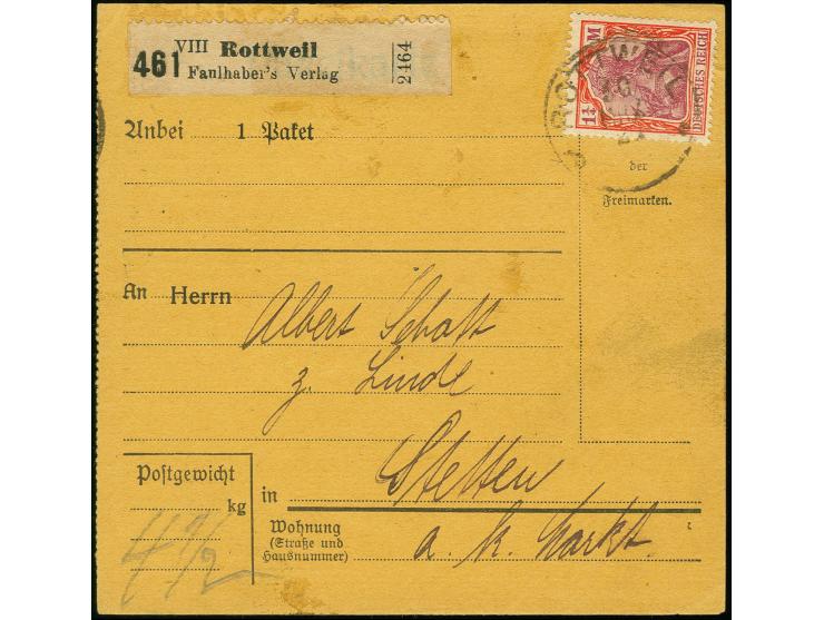 Mit Wasserzeichen Kreuzblüten: 1 1/4 M. als portogerechte Einzelfrankatur auf Paketkarte von "ROTTWEIL 30.MRZ.21" nach Stette