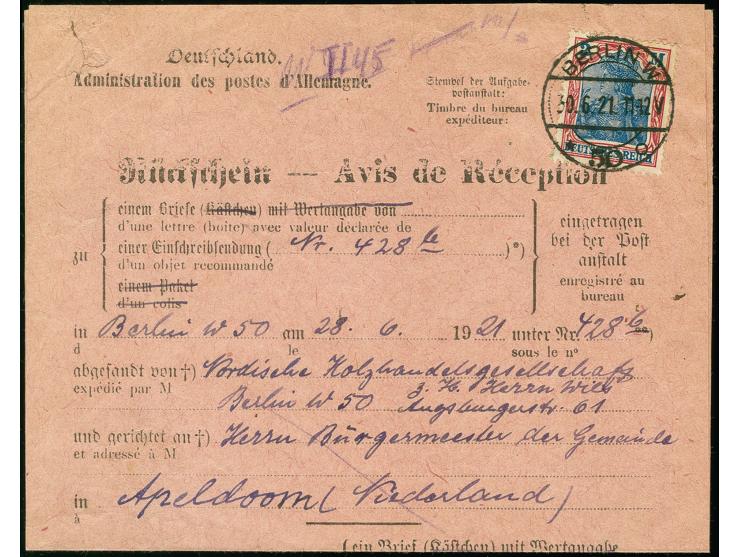 2 M. mit Stempel "BERLIN 30.6.21" als Gebühr für einen Rückschein auf nachträgliches Verlangen auf entsprechendem Formular fü