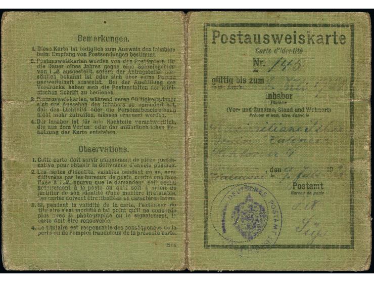 2 M. mit Stempel "BERLIN-HALENSEE 9.7.21" für die Ausstellungsgebühr auf zweisprachiger Postausweiskarte mit vorderseitigem v