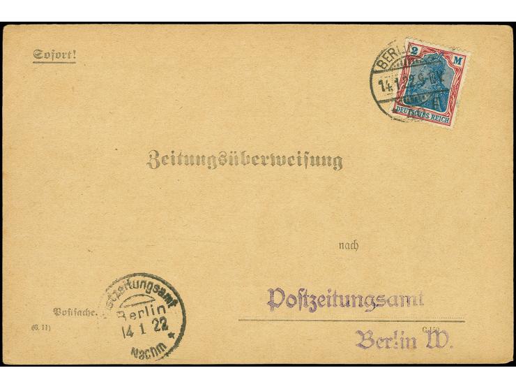 2 M. mit Stempel "BERLIN W40 14.1.22" als portogerechte Einzelfrankatur auf Zeitungsüberweisung an das Postzeitungsamt Berlin