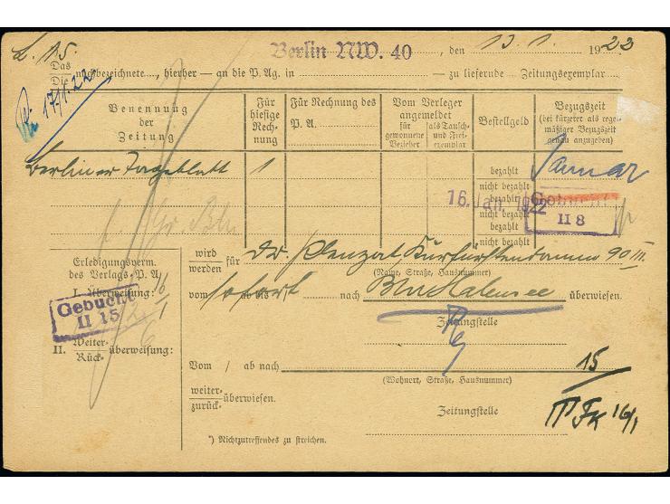 2 M. mit Stempel "BERLIN W40 14.1.22" als portogerechte Einzelfrankatur auf Zeitungsüberweisung an das Postzeitungsamt Berlin