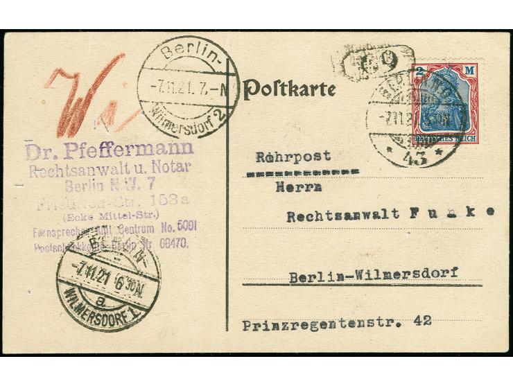 2 M. als portogerechte Einzelfrankatur auf Rohrpost-Karte von "BERLIN NO 43 7.11.21.5.30" nach Berlin-Wilmersdorf mit vorders