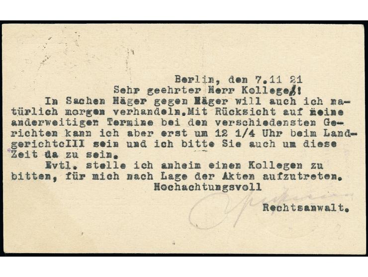 2 M. als portogerechte Einzelfrankatur auf Rohrpost-Karte von "BERLIN NO 43 7.11.21.5.30" nach Berlin-Wilmersdorf mit vorders