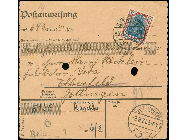 2 M. als portogerechte Einzelfrankatur auf Postanweisung von "REINERZ 6.8.21" nach Elberfeld mit Nachsendung nach Göttingen m
