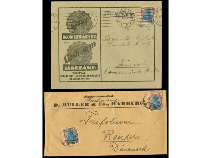 2 M., zwei Einzelwerte mit Stempel "HAMBURG 17.1.22" als portogerechte Mehrfachfrankatur auf kleinformatiger Mischsendung bis
