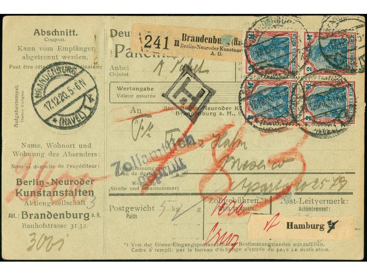 2 M., 12 Stück als portogerechte Mehrfachfrankatur vorder- und rückseitig auf kpl. Paketkarte von "BRANDENBURG 17.12.20" mit 