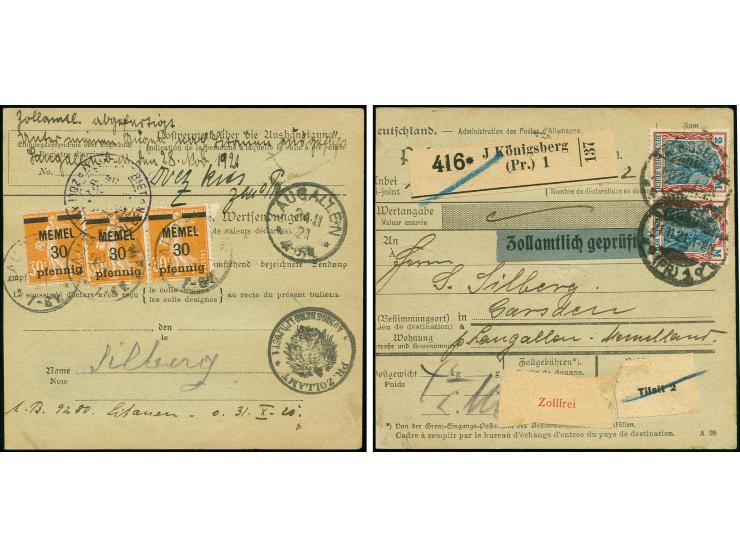 2 M. im waagerechten Paar mit Stempel "KÖNIGSBERG 21.11.21" auf Paketkarte bis 5 kg nach Garsden (Gorzdy), Litauen mit Leitve