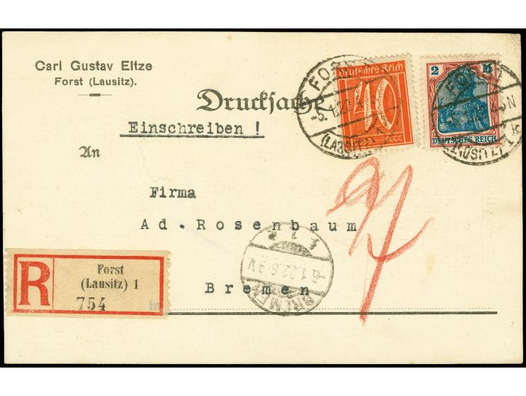 2 M. und Ziffer 40 Pfg. als portogerechte Frankatur auf R-Drucksachenkarte von "FORST 5.1.22" nach Bremen mit Ankunftsstempel