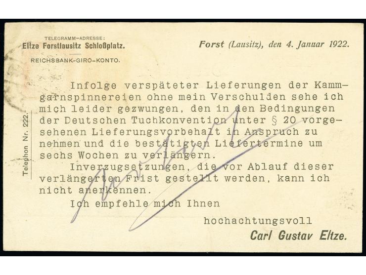 2 M. und Ziffer 40 Pfg. als portogerechte Frankatur auf R-Drucksachenkarte von "FORST 5.1.22" nach Bremen mit Ankunftsstempel