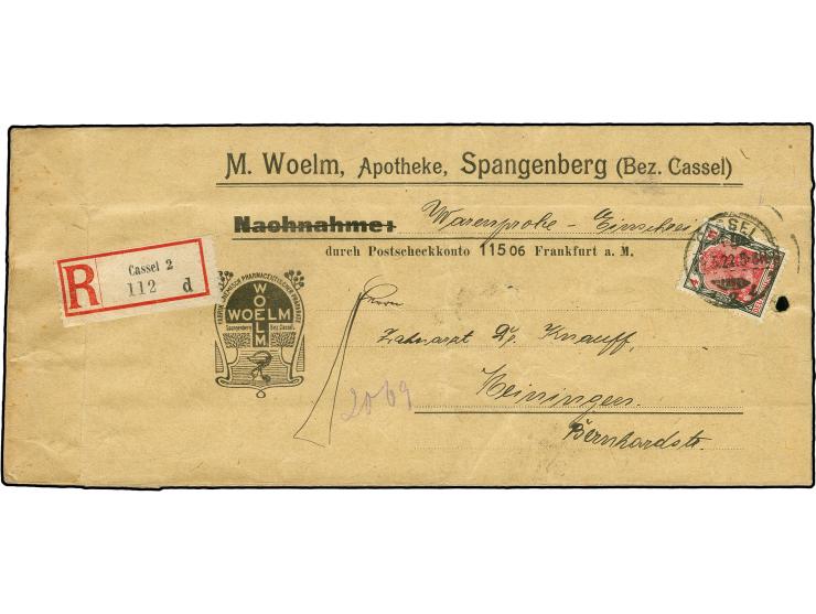 4 M. als portogerechte Einzelfrankatur auf R-Warenprobe bis 250 g. im Langformat von "CASSEL 29.3.22" nach Meiningen mit Anku