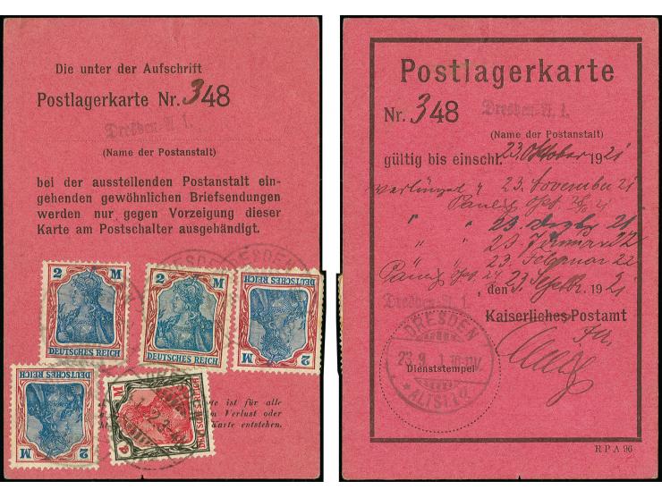 4 M. mit Stempel "DRESDEN 24.1.22" als letzte Fristverlängerungs-Gebühr rückseitig auf hellroter Postlagerkarte mit Ausstellu