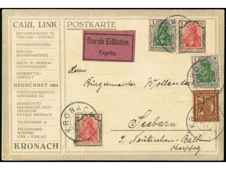 4 M. und 1 M., jeweils zwei Einzelwerte und Ziffer 25 Pfg. als portogerechte Frankatur auf Eilboten-Postkarte mit Landzustell