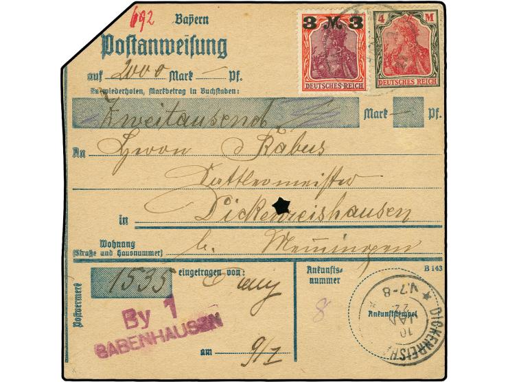 4 M. und 3 M. auf 1 1/4 M. als portogerechte Frankatur auf Postanweisung von "BABENHAUSEN 9.1.22" nach Dickenhausen mit Ankun
