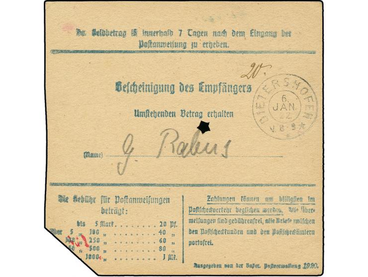 4 M. und 3 M. auf 1 1/4 M. als portogerechte Frankatur auf Postanweisung von "BABENHAUSEN 9.1.22" nach Dickenhausen mit Ankun