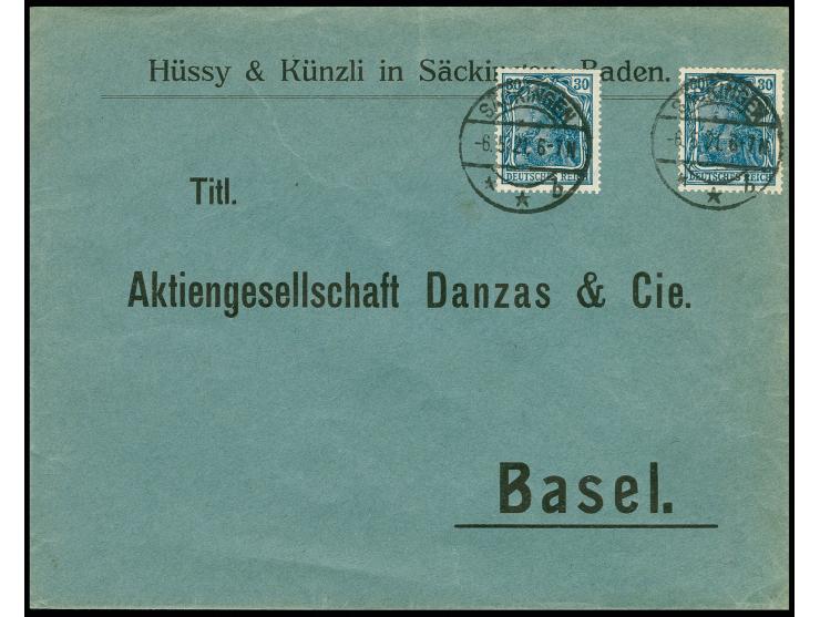 30 Pfg., zwei Einzelwerte mit Stempel "SÄCKINGEN 6.5.21" als portogerechte Mehrfachfrankatur auf Vordruck-Firmenbrief im Gren