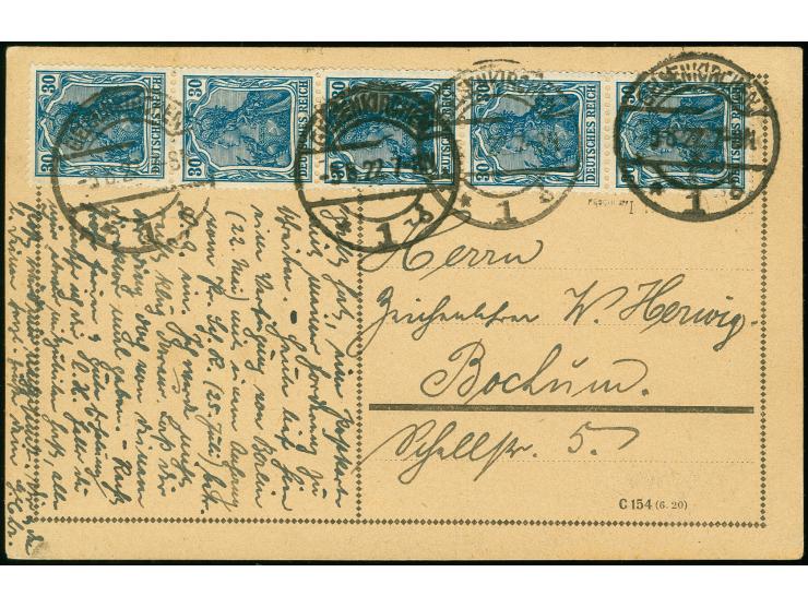 30 Pfg. im senkrechten 5er-Streifen als portogerechte Mehrfachfrankatur auf Postkarte von "GELSENKIRCHEN 5.8.22" nach Bochum 