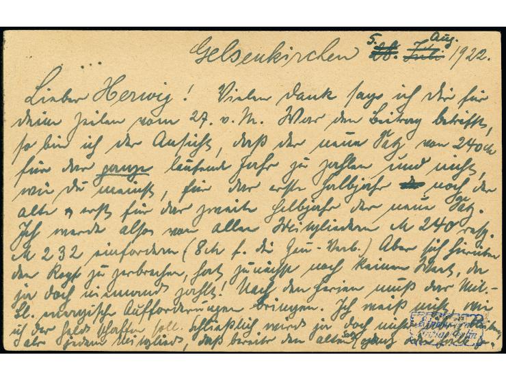30 Pfg. im senkrechten 5er-Streifen als portogerechte Mehrfachfrankatur auf Postkarte von "GELSENKIRCHEN 5.8.22" nach Bochum 
