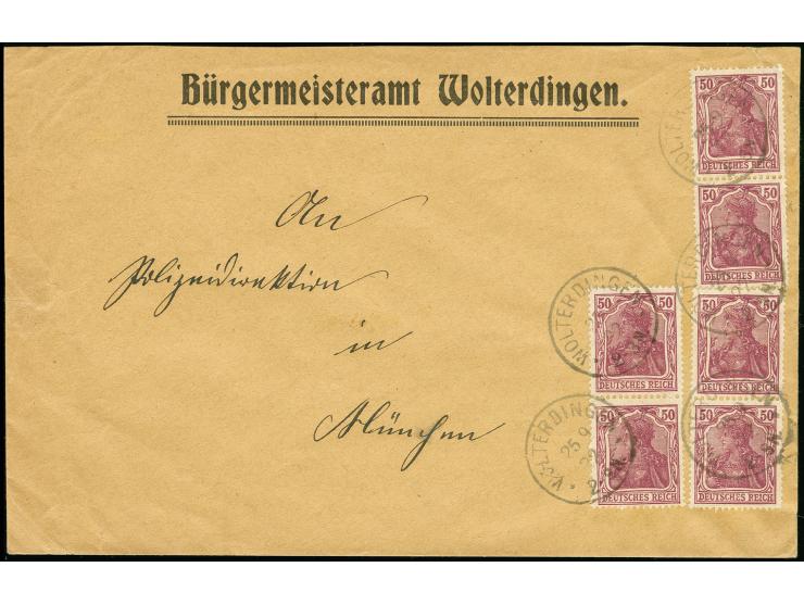 50 Pfg., drei senkrechte Paare als portogerechte Mehrfachfrankatur auf Bürgermeister-Vordruckbrief von "WOLTERDINGEN 25.9.22"