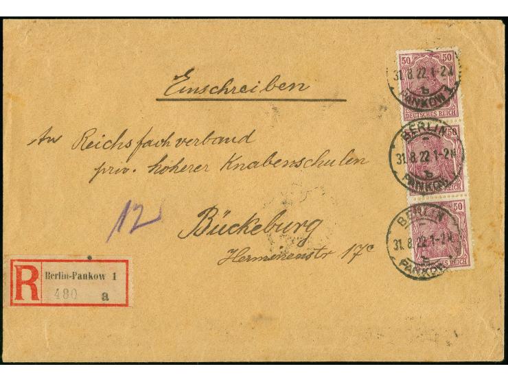 50 Pfg. im senkrechten 3er-, 4er- und 5er-Streifen als portogerechte Mehrfachfrankatur vorder- und rückseitig auf R-Brief der