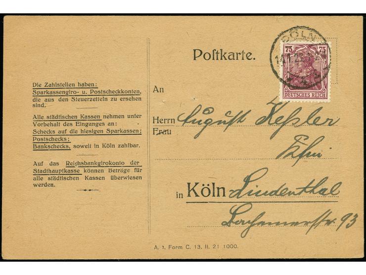 75 Pfg. mit Firmenlochung "C" der Stadt Cöln als portogerechte Einzelfrankatur auf Orts-Postkarte von "CÖLN 14.1.22" in sehr 