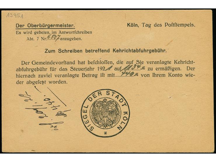 75 Pfg. mit Firmenlochung "C" der Stadt Cöln als portogerechte Einzelfrankatur auf Orts-Postkarte von "CÖLN 14.1.22" in sehr 