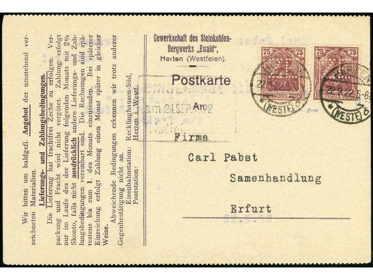 75 Pfg., zwei Einzelwerte mit Firmenlochung "ZE" als portogerechte Mehrfachfrankatur auf Vordruckpostkarte der Gewerkschaft d