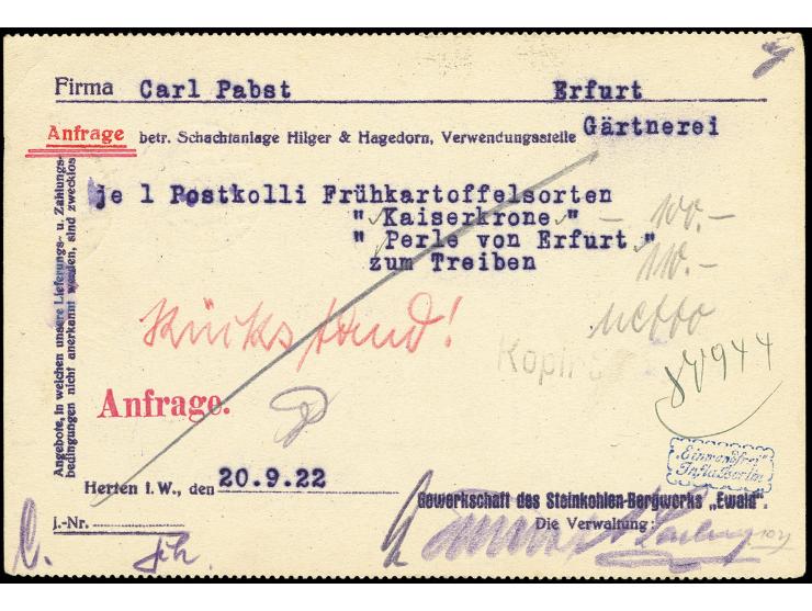 75 Pfg., zwei Einzelwerte mit Firmenlochung "ZE" als portogerechte Mehrfachfrankatur auf Vordruckpostkarte der Gewerkschaft d