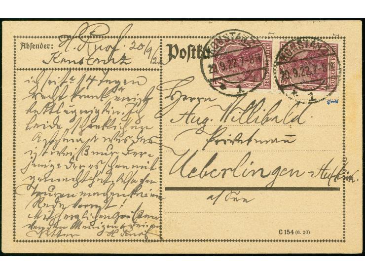 75 Pfg. im senkrechten Paar als portogerechte Mehrfachfrankatur auf Postkarte von "KONSTANZ 20.9.22" nach Überlingen, obere M