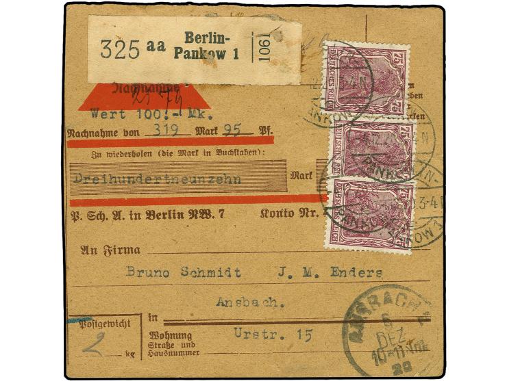 75 Pfg., 6 Einzelwerte als portogerechte Mehrfachfrankatur vorder- und rückseitig auf Nachnahme-Wert-Paketkarte von "BERLIN-P